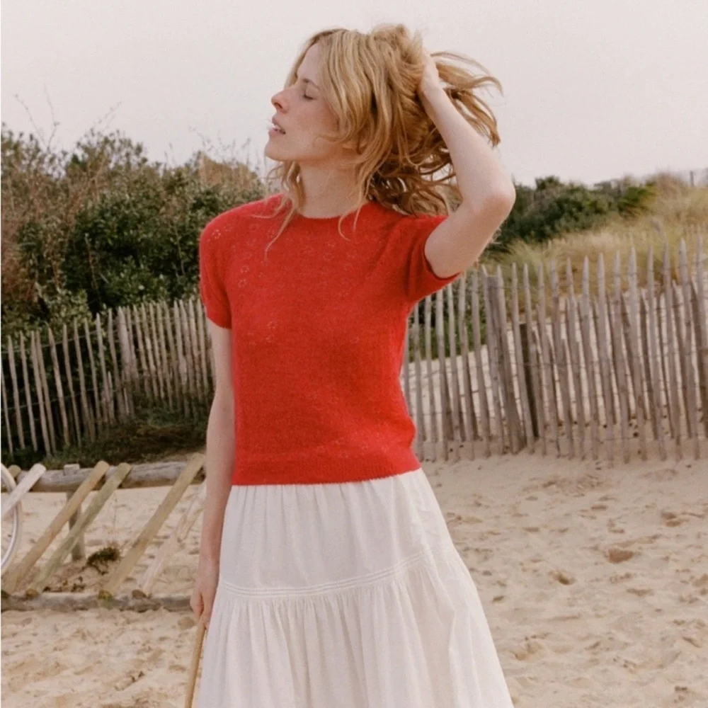 Doen Monica Alpaca Wool Pointelle Short Sleeeve Crew Neck Sweater Top Cherry Red